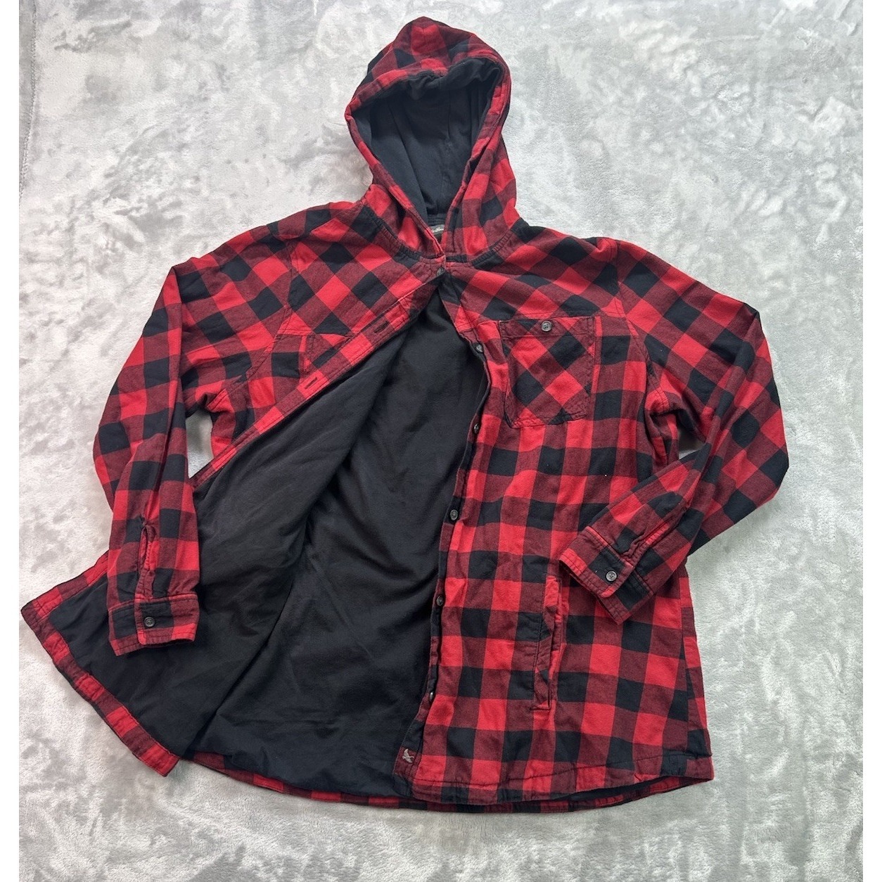 Eddie Bauer Women's Woodland Shirt Jacket Sz 2xl Red Plaid Lined Hooded Shacket